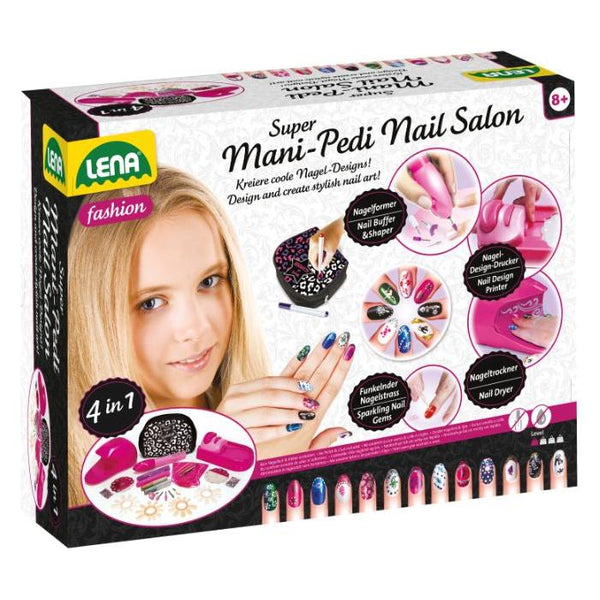 Neglesalon med 48 designs inkl. negletørrer, 50 kunstige negle, 2 glimmerfarver, pincet