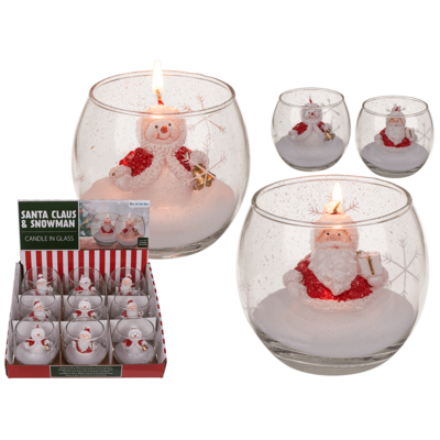 Candle in glass, Snowman & Santa, 2 ass