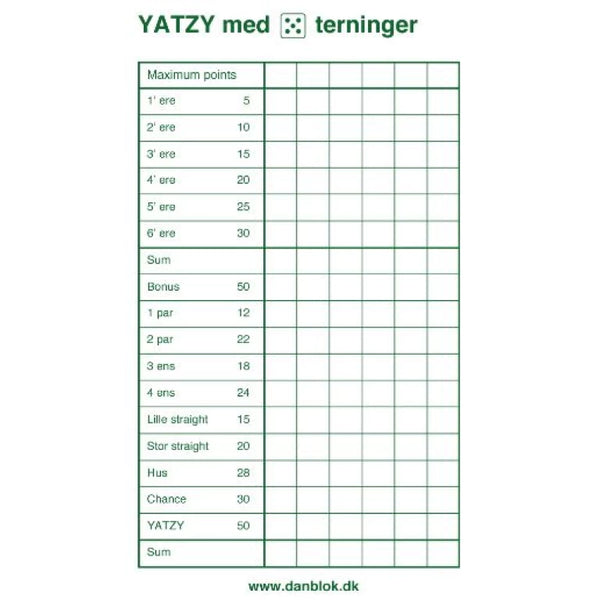 Yatzy-blok til 5 terninger (3 pak)