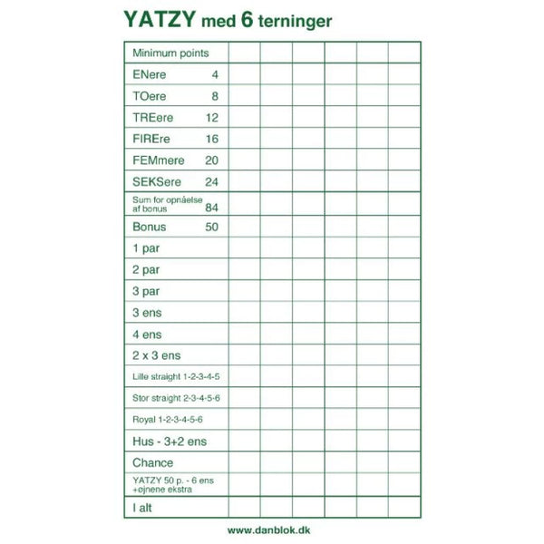 Yatzy-blok til 6 terninger (3 pak)