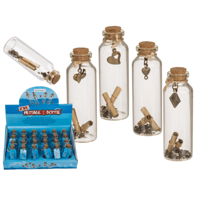 Glass vial with cord fastener & Pendant + 2 paper, inserts, ca 9 cm, 4 ass