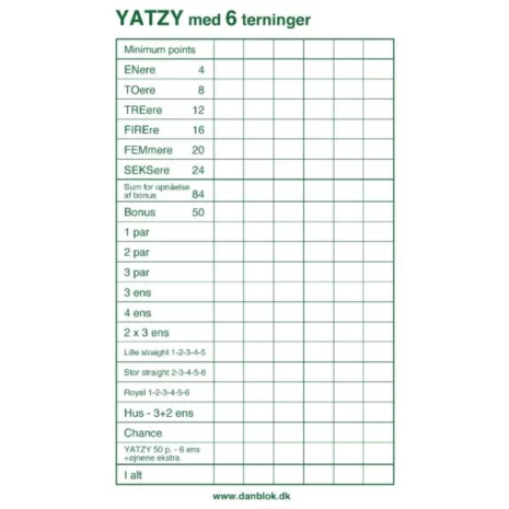 YATZY-BLOK TIL 6 TERNINGER